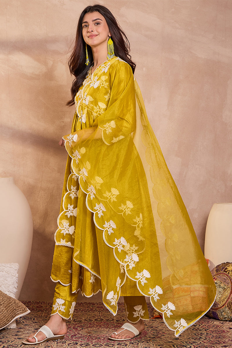 Mustard Silk Blend Solid Embroidered A-Line Kurta Trouser With Dupatta | Shobitam