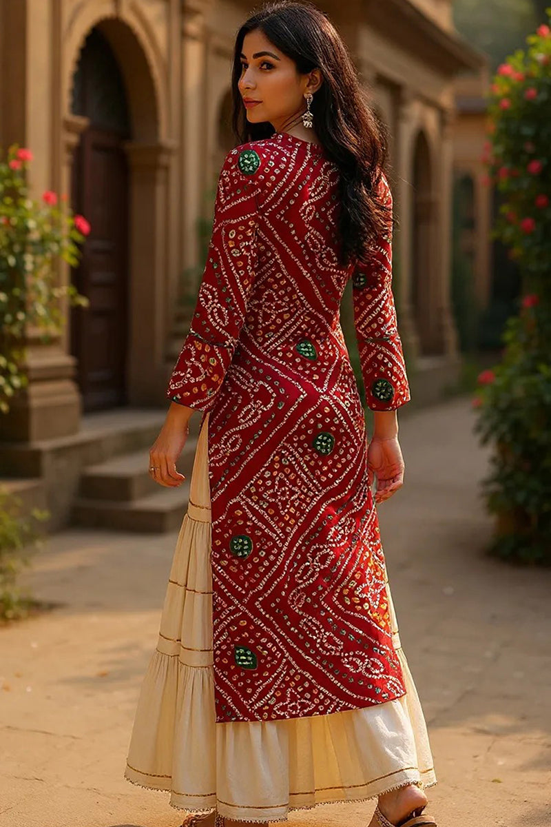 Rayon Blend Red And Beige Bandhani Printed Straight Kurta | SHOBITAM