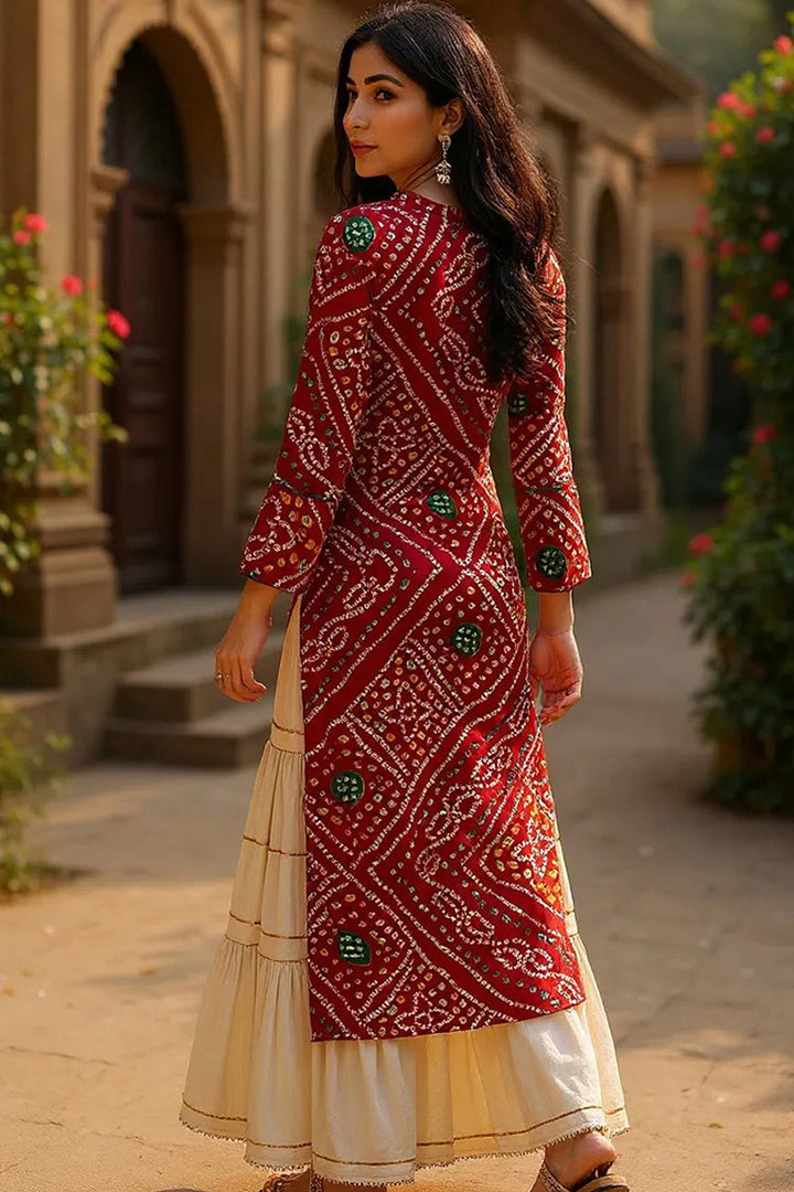 Rayon Blend Red And Beige Bandhani Printed Straight Kurta | SHOBITAM