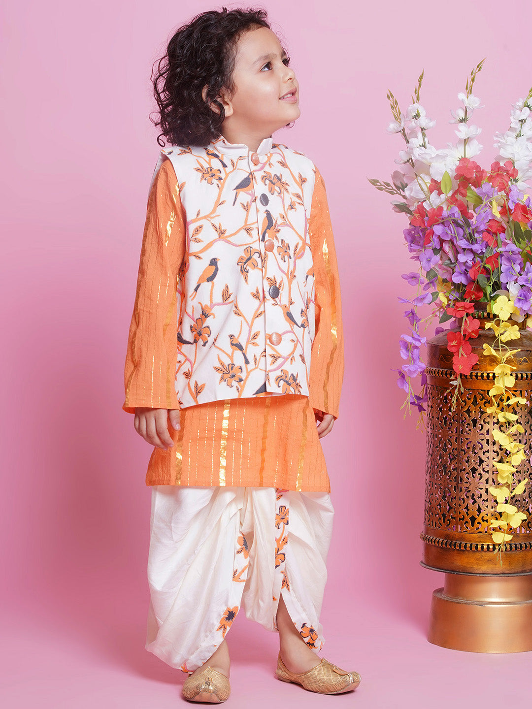 Cotton Sleevelees Floral Bird Thread Embrodiery Nehru Jacket with Striped Kurta and Dhoti - Orange and Cream | SHOBITAM