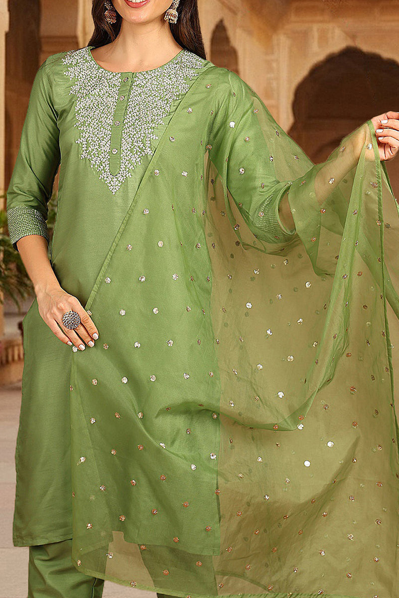 Green Poly Silk Solid Yoke Design Kurta Trousers With Dupatta | SHOBITAM