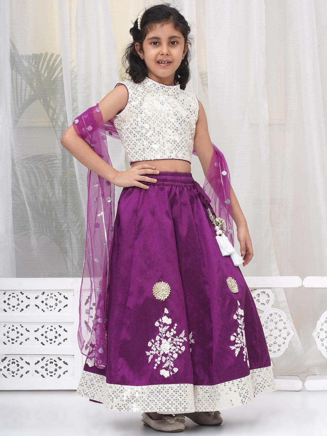 Girls Silk Brocade Kali Work Lehenga with Floral Thread Work & Sequin work Sleeveless Blouse with Dupatta - Purple | SHOBITAM