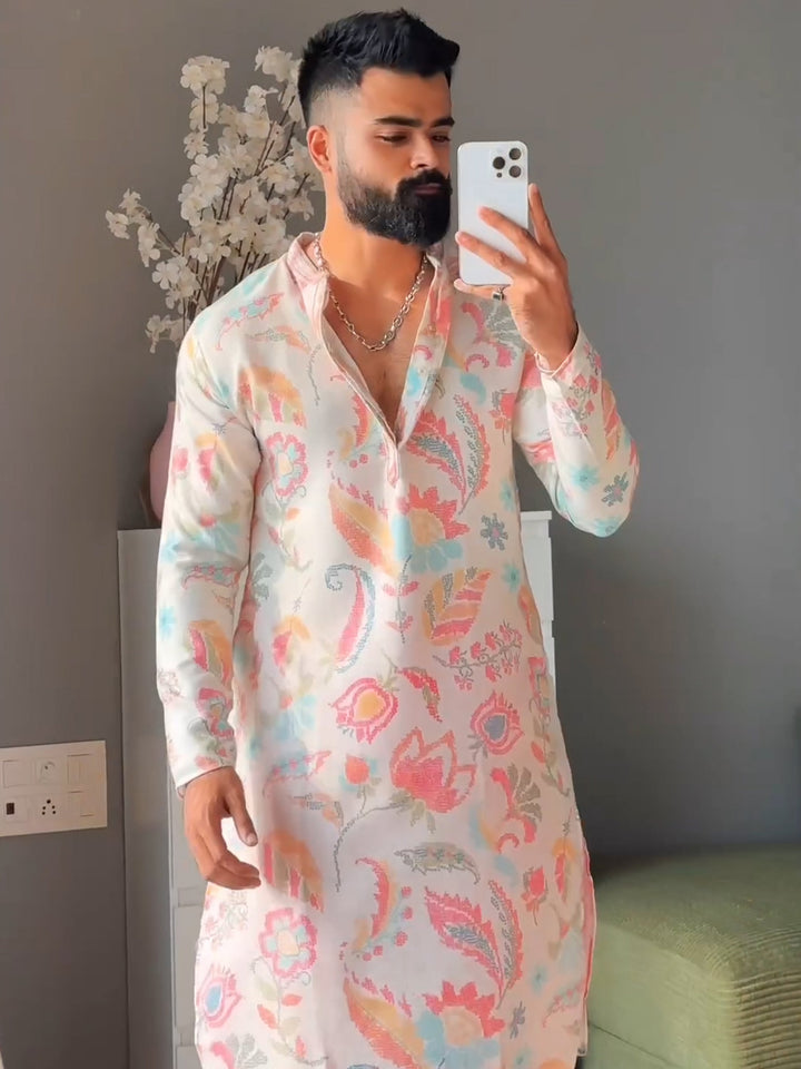 White Cotton Silk Blend Kurta with Multicolor Floral Prints and Mandarin Collar | SHOBITAM