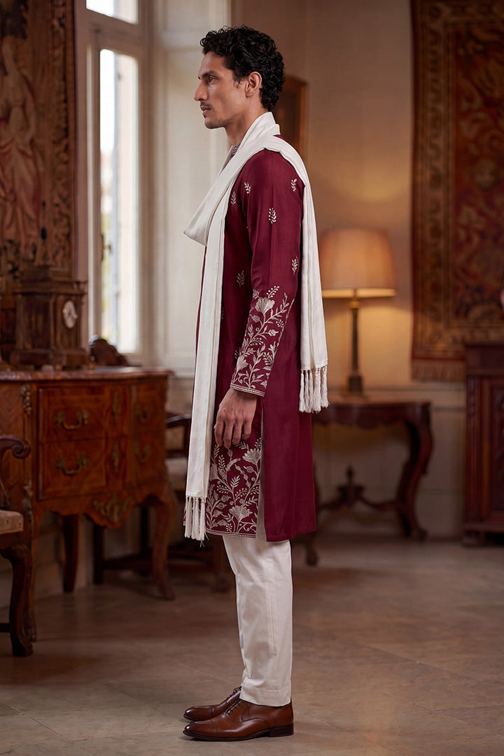 Men Maroon Silk Blend Solid Embroidered Straight Kurta Trouser with Dupatta | SHOBITAM