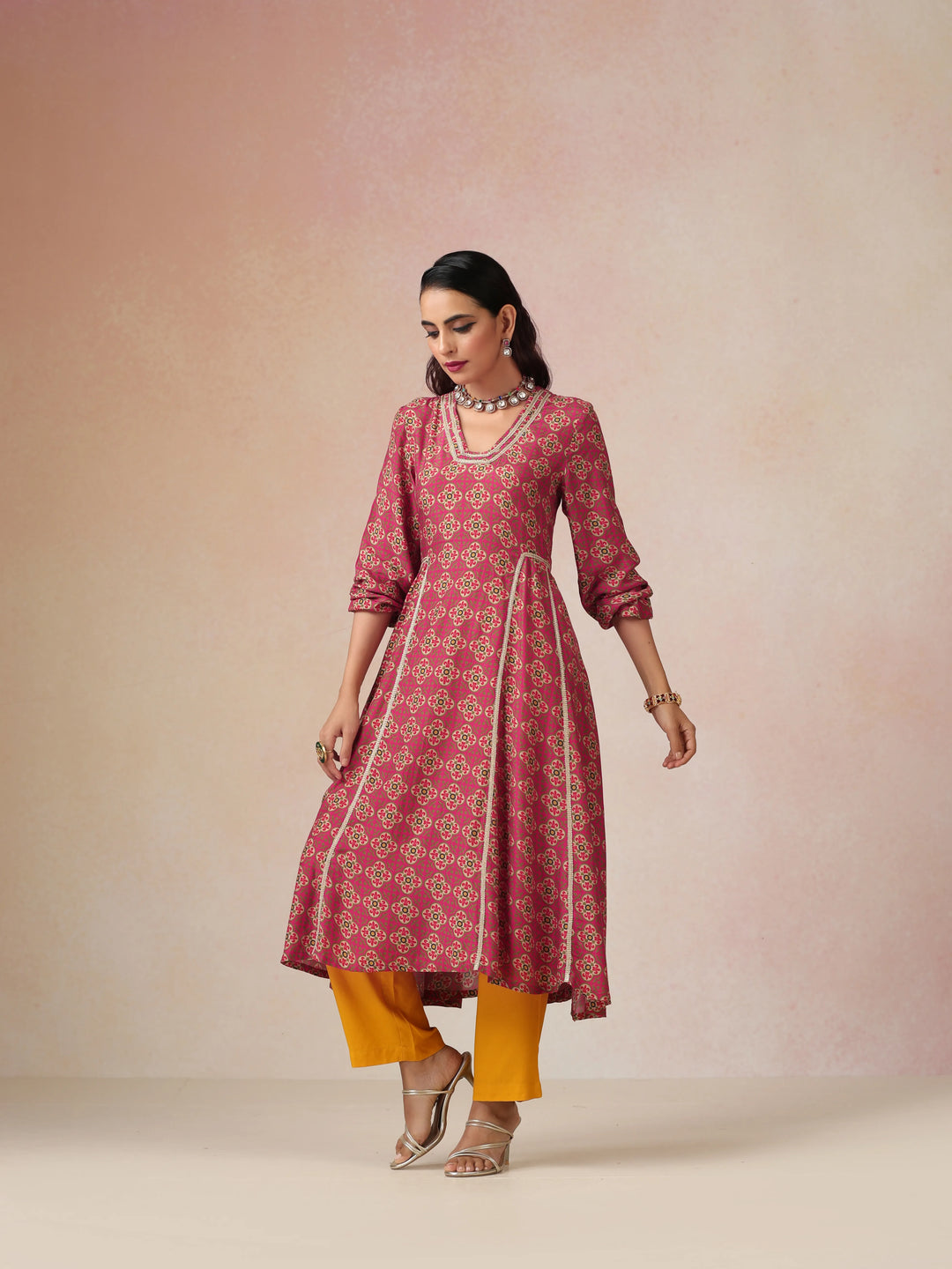 Pink Print Viscose Fit And Flared Kurta Set| SHOBITAM