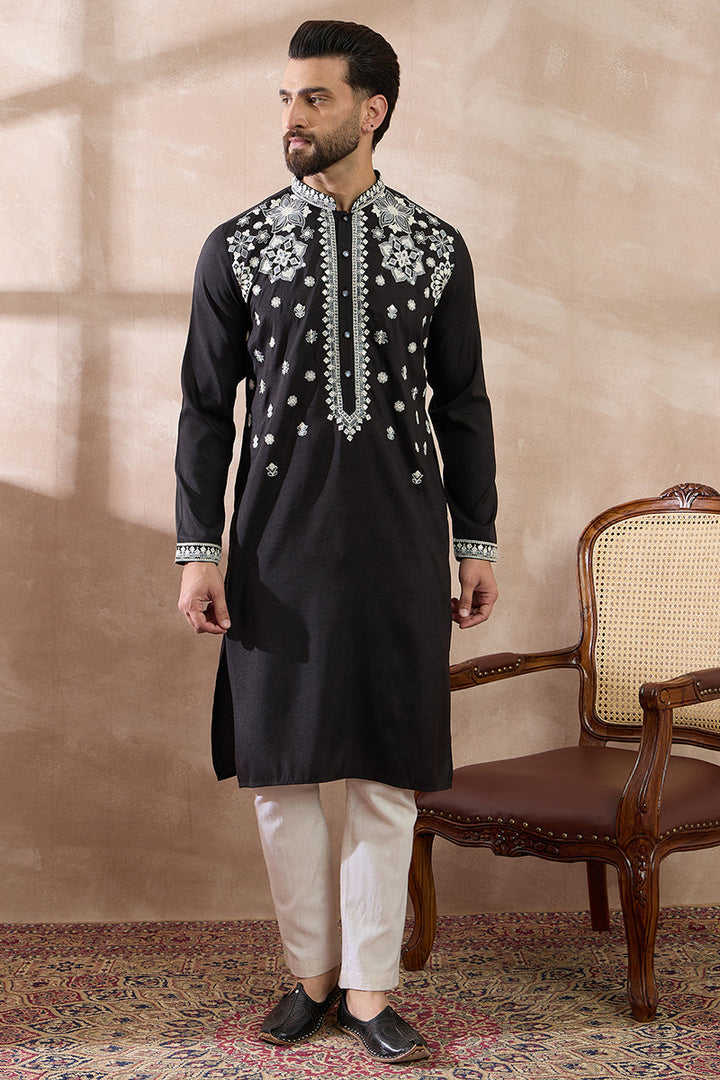 Black Silk Blend Embroidered Mandarin Collar Straight Kurta For Men | SHOBITAM