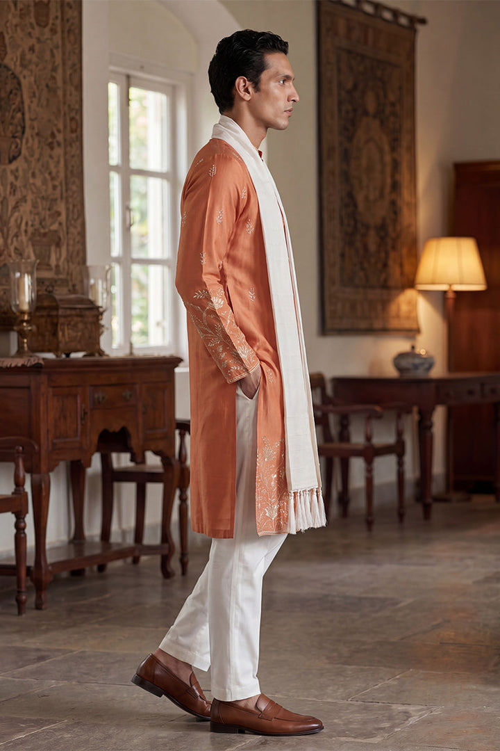 Men Peach Vartican Solid Embroidered Straight Kurta Sets  | SHOBITAM