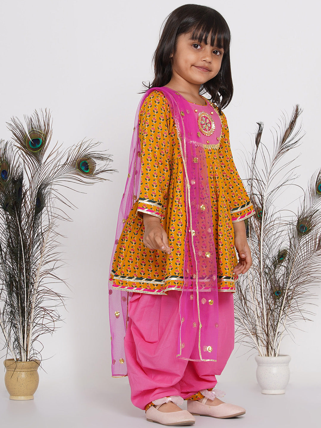 Girls Jaipuri Print Kurta Frock with Salwar in Yellow & Pink