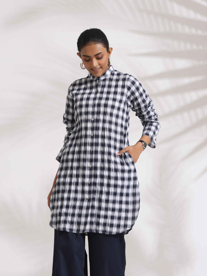 Blue Cotton Check Kurta Co-ord Set | SHOBITAM