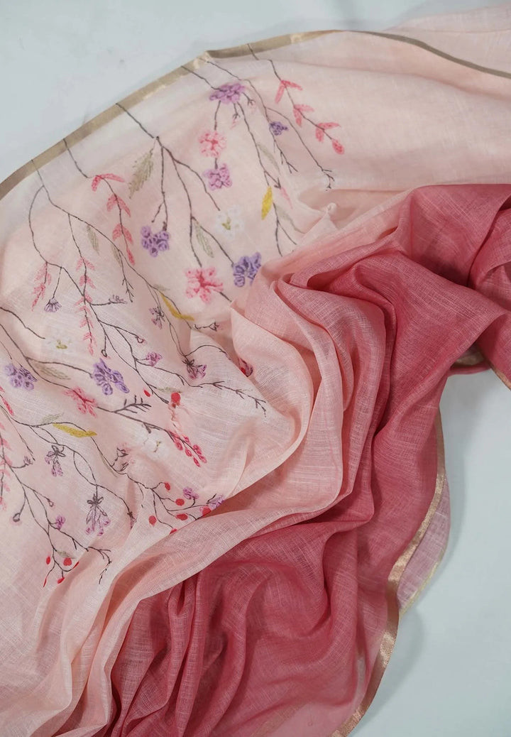 Preorder : Linen Cotton Saree with Gradient Ombre tone and Floral Digital Prints | SHOBITAM