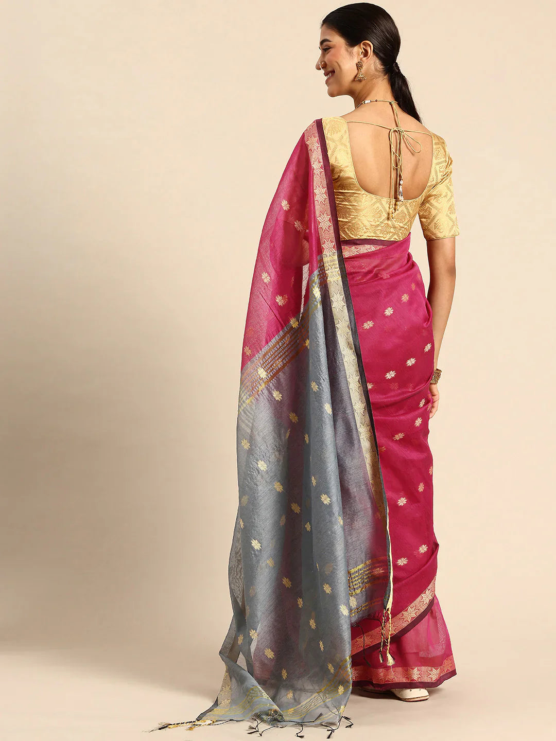 Magenta and Grey Zari Buti Silk Cotton Saree with Zari Border and Blouse Piece
