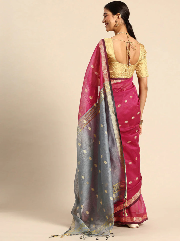 Magenta and Grey Zari Buti Silk Cotton Saree with Zari Border and Blouse Piece