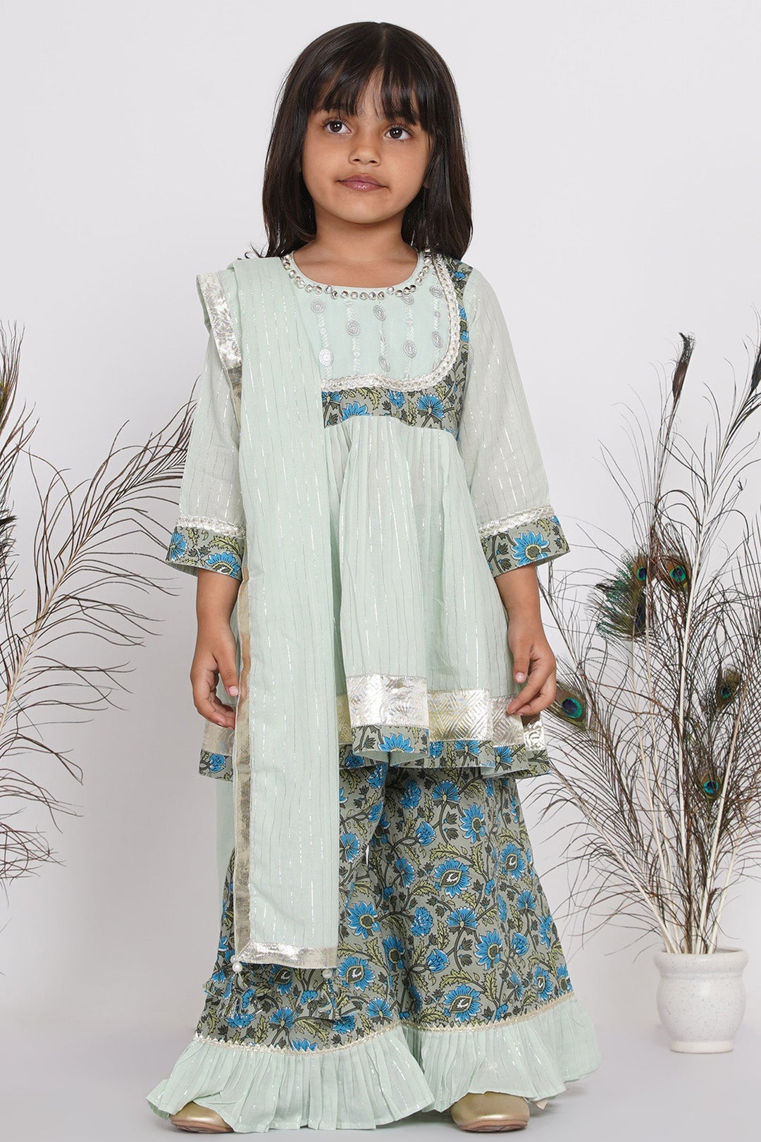 Girls Zardosi Work Kurta Frock with Plazzo and Striped Dupatta  | SHOBITAM