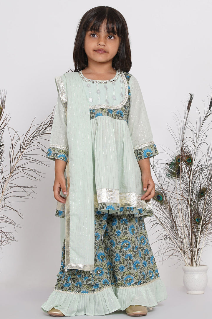 Girls Zardosi Work Kurta Frock with Plazzo and Striped Dupatta  | SHOBITAM
