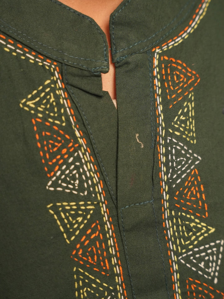 Dark Green Kantha Cotton Kurta | SHOBITAM