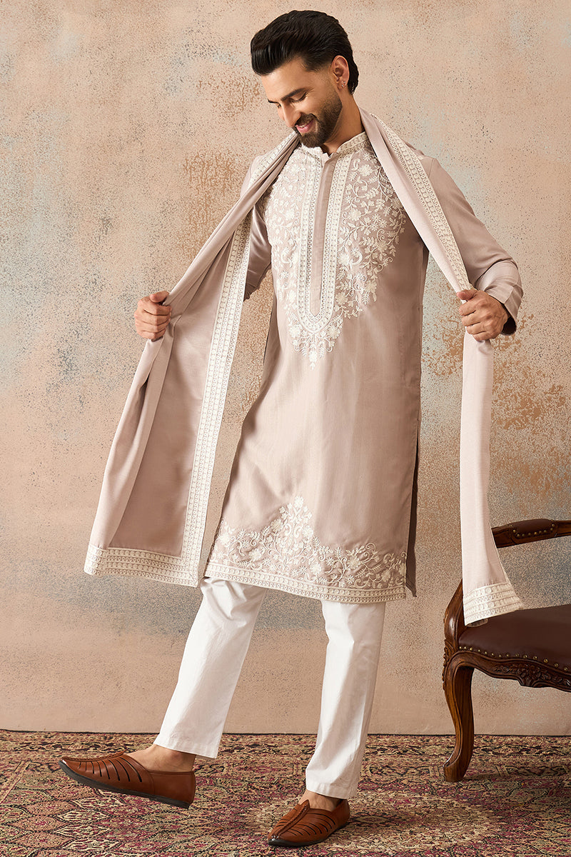 Mens Beige Silk Blend Solid Embroidered Kurta Trouser With Dupatta | SHOBITAM