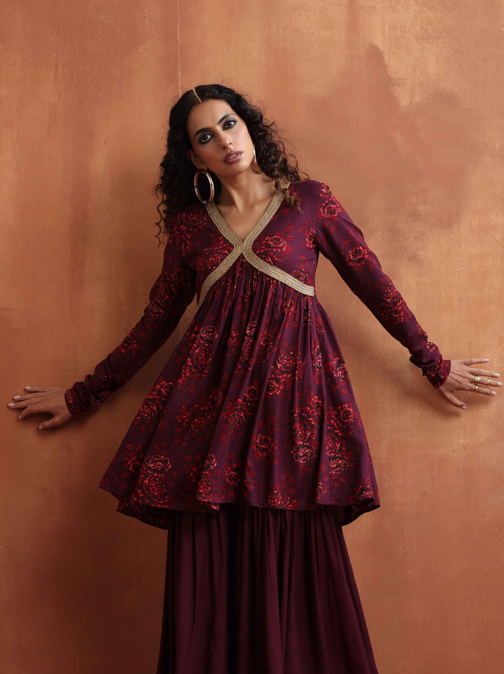 Purple Floral Print Sharara Set | SHOBITAM