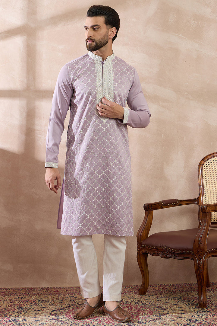 Lavender Silk Blend Embroidered Mandarin Collar Straight Kurta With Trouser | SHOBITAM