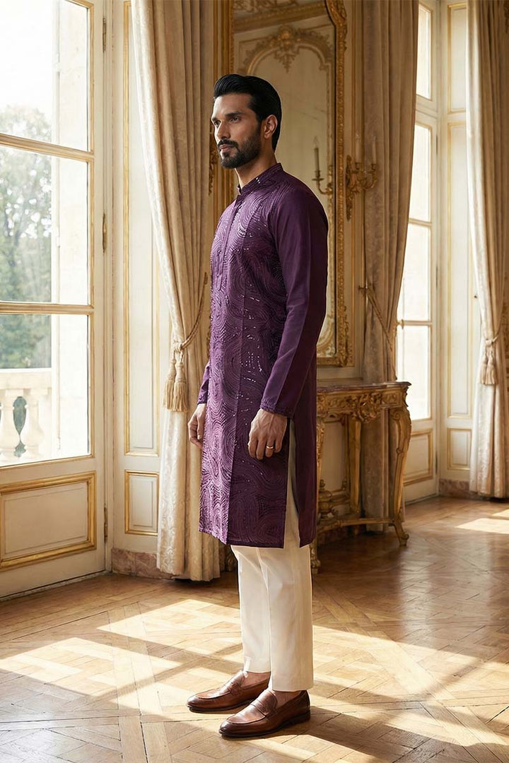 Purple Silk Blend Embroidered Straight Kurta | SHOBITAM