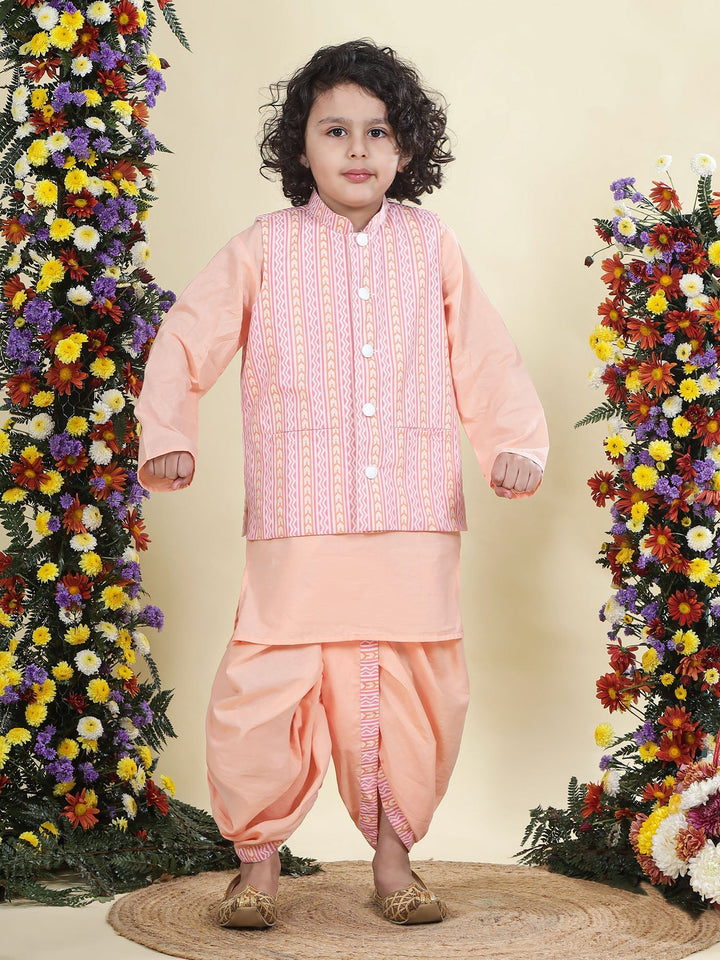 Peach Chevron Nehru Jacket with Cotton Kurta Dhoti Set | SHOBITAM