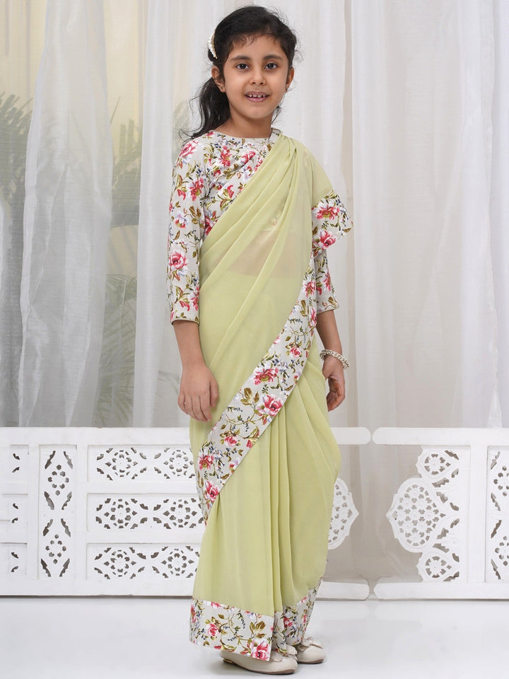 Girls Cotton Three Fourth Sleeves Floral Print Ready to wear Blouse with Ready to wear Georgette Saree - Apple Green | SHOBITAM