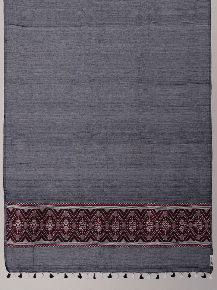 Navy,Red & White Assamese Silk Cotton Dupatta with tassels | SHOBITAM