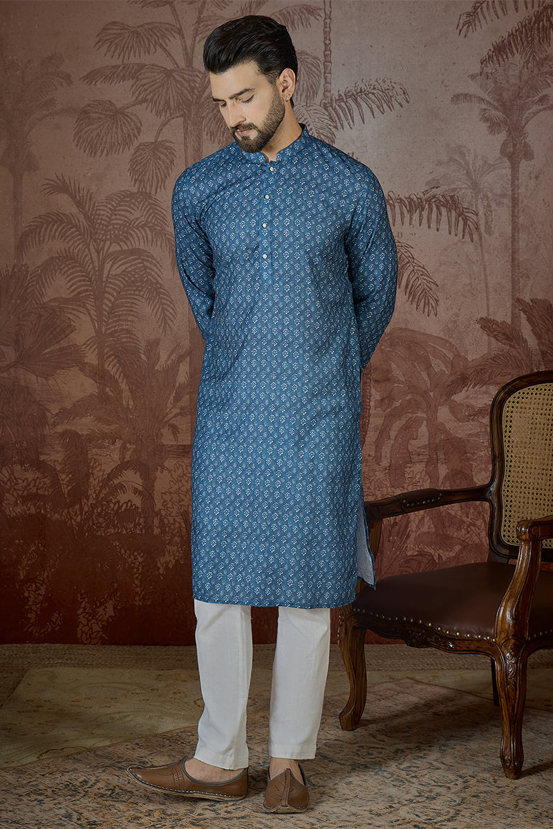 Mens Blue Linen Floral Print Regular Kurta | SHOBITAM