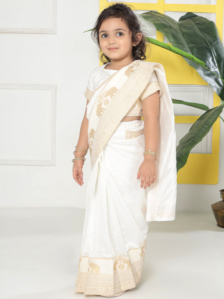 Cream Elephant Zari Embroidery Ready to Wear Saree with Stitched Blouse set | SHOBITAM