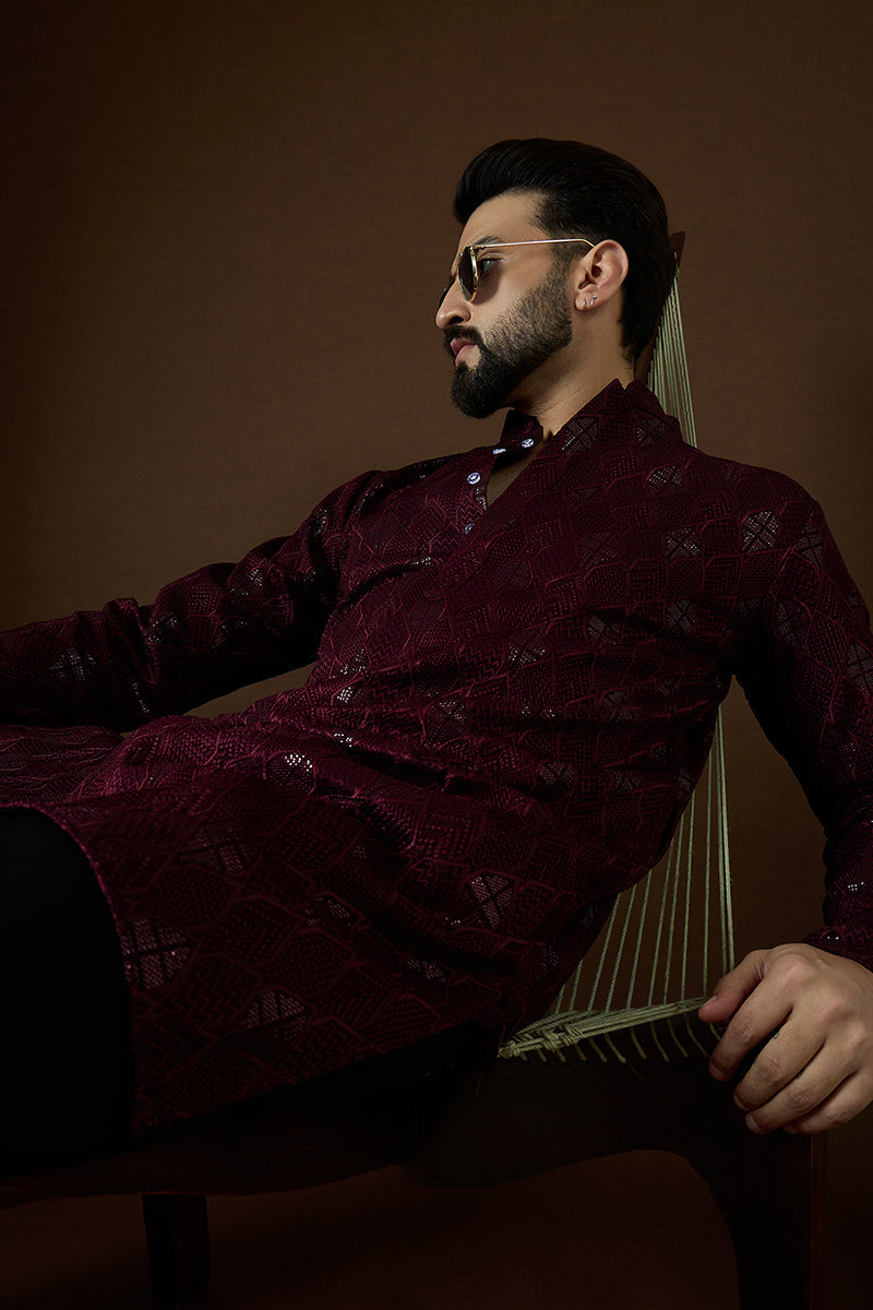 Purple Georgette Solid Embroidered Straight Kurta | SHOBITAM