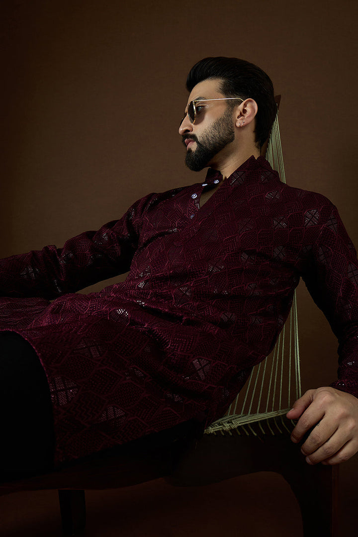 Purple Georgette Solid Embroidered Straight Kurta | SHOBITAM
