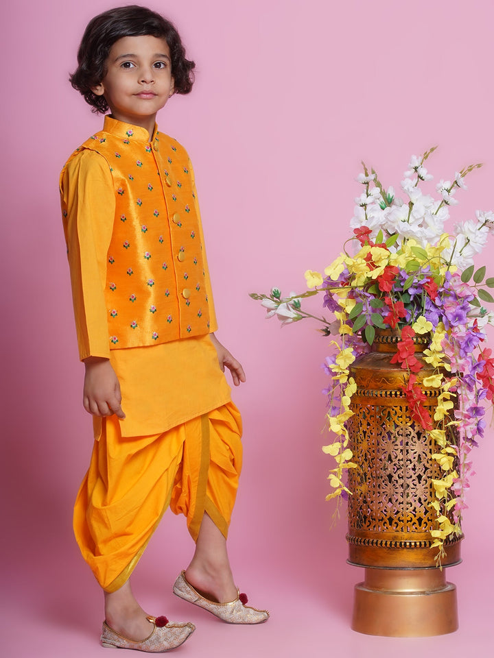 Choti Buti Floral Bundi Jacket with Dhoti Kurta - Yellow | SHOBITAM