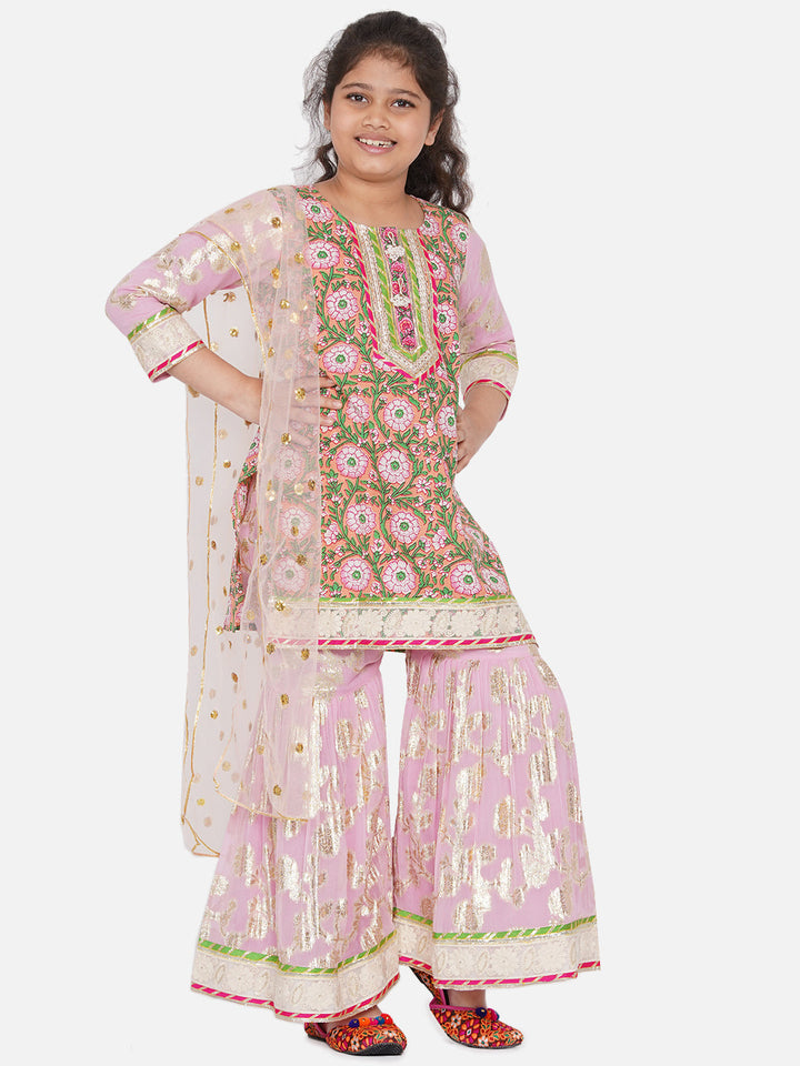 Girls Bengali Lace work Floral Kurta with Embellished Sharara & Duppata in Pink | SHOBITAM