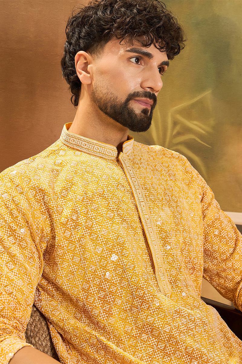 Yellow Viscose Rayon Shibori Embroidered Straight Kurta with Trouser | SHOBITAM
