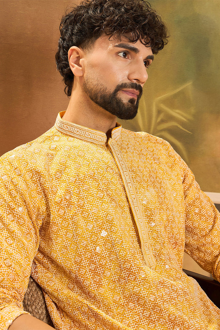 Yellow Viscose Rayon Shibori Embroidered Straight Kurta with Trouser | SHOBITAM