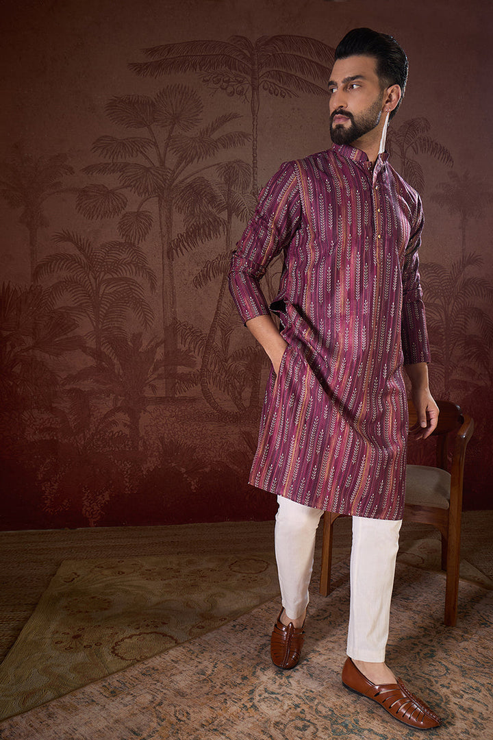 Purple Silk Blend Striped Printed Straight Kurta For Men | SHOBITAM