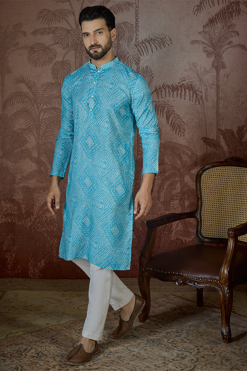 Mens Blue Linen Bandhani Print Regular Kurta With Trouser | SHOBITAM