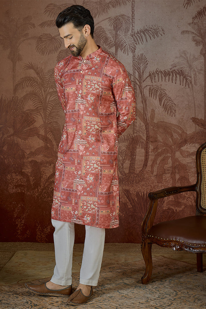 Mens Silk Blend Pink Abstract Printed Kurta | SHOBITAM