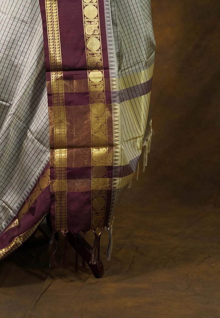 Gray and Plum Semi Silk Saree with Rettaipet Borders | SHOBITAM