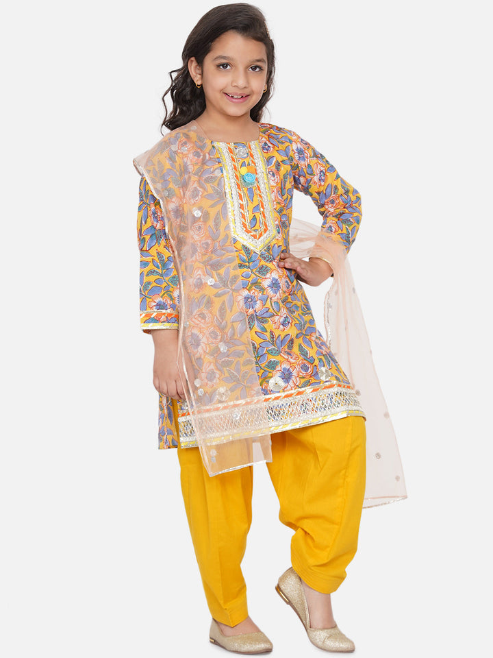 Girls Punjabi Floral work Kurta with Salwar & Dupatta in yellow | SHOBITAM