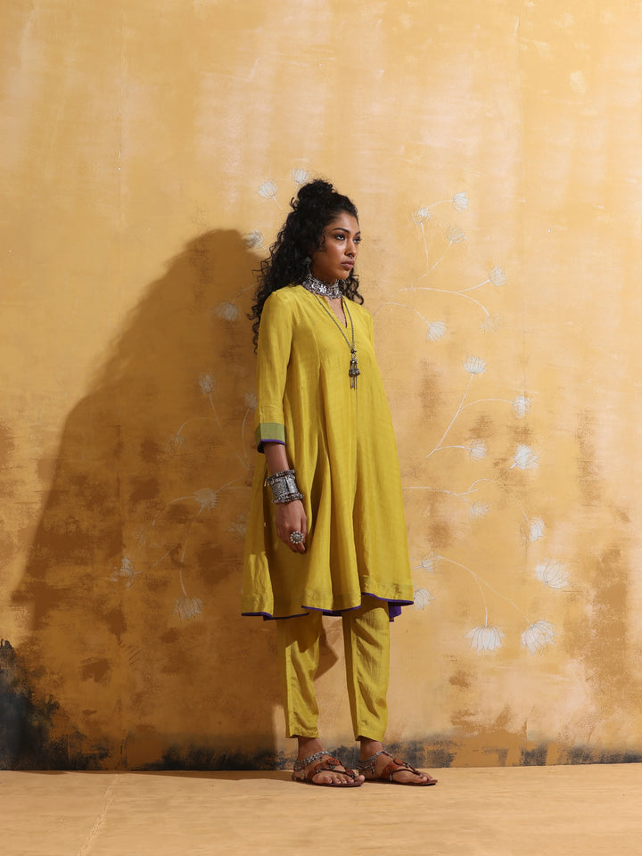 Lime Muslin Silk Flared Kurta Co-ord Set | SHOBITAM