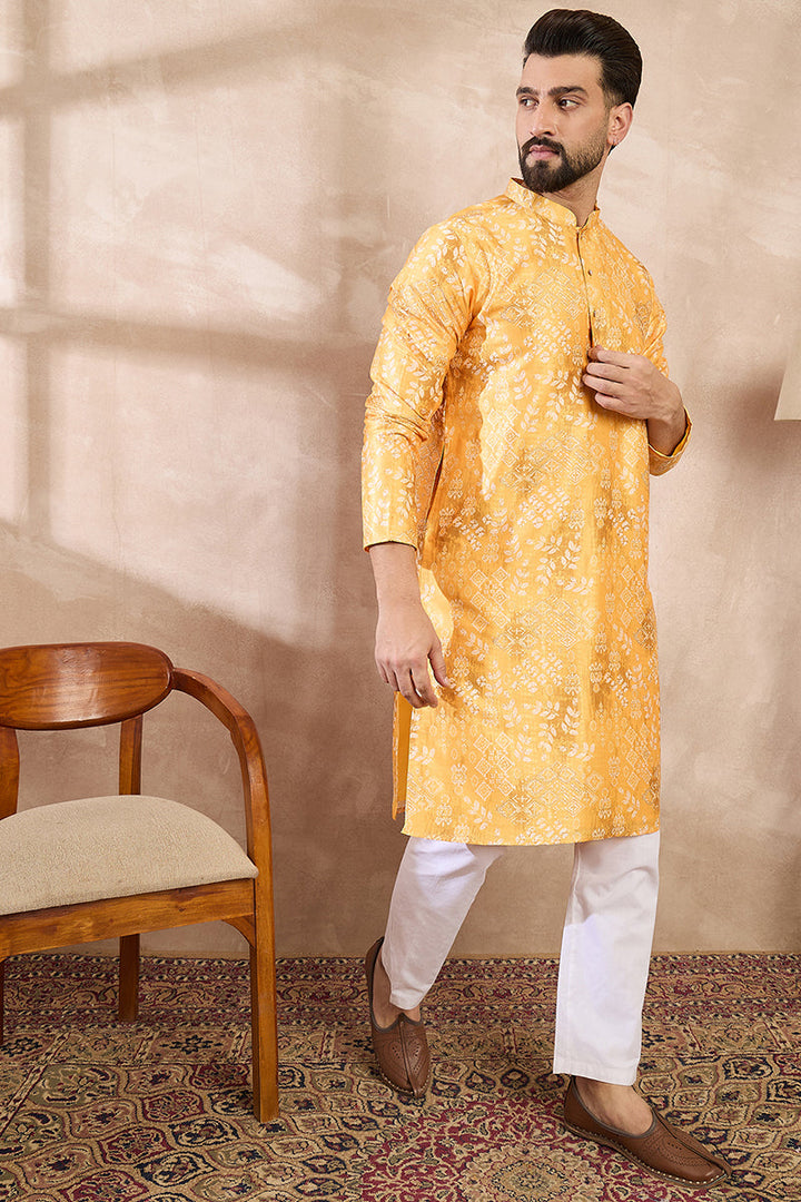 Yellow Silk Blend Ethnic Motifs Printed Straight Kurta With Trouser | SHOBITAM