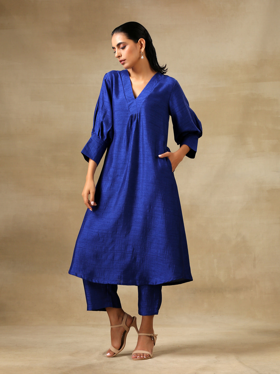 Blue Textured Silk Puff Sleeve Kurta Pant Set  | SHOBITAM