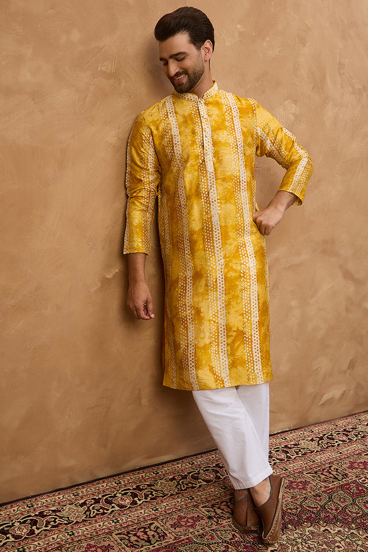 Yellow Silk Blend Shibori Embroidered Straight Kurta | SHOBITAM