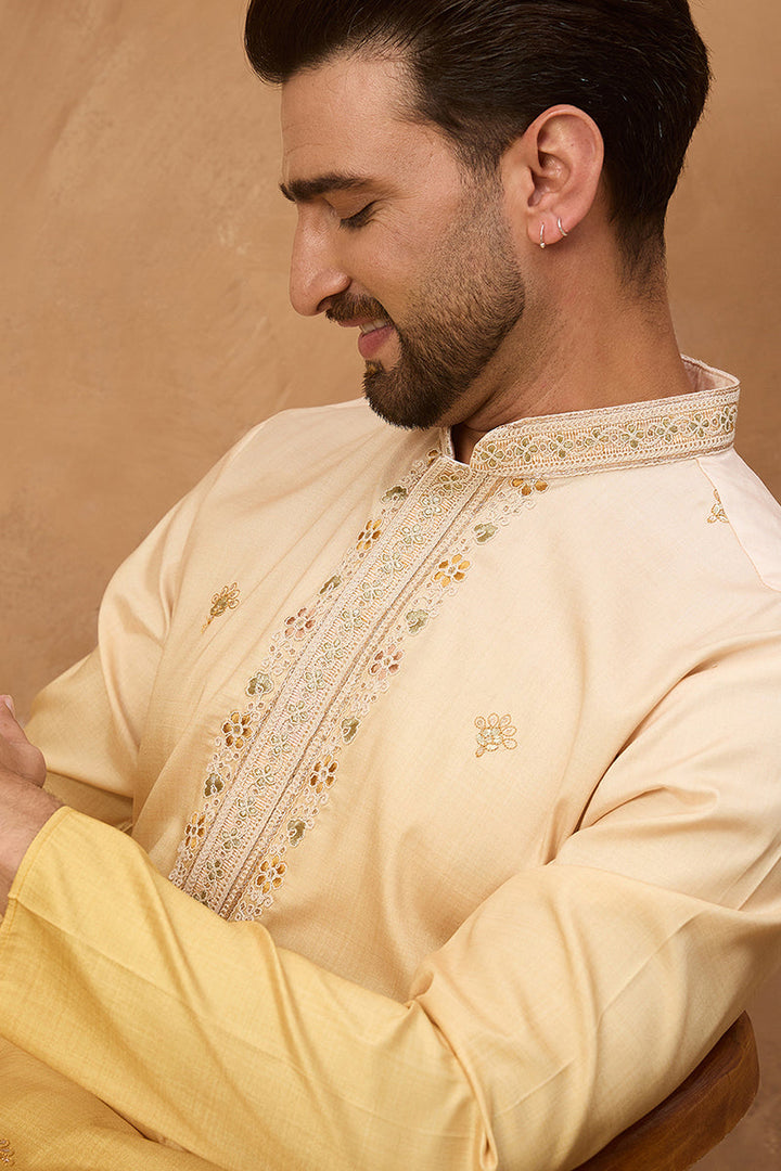 Yellow Silk Blend Solid Embroidered Straight Kurta | SHOBITAM