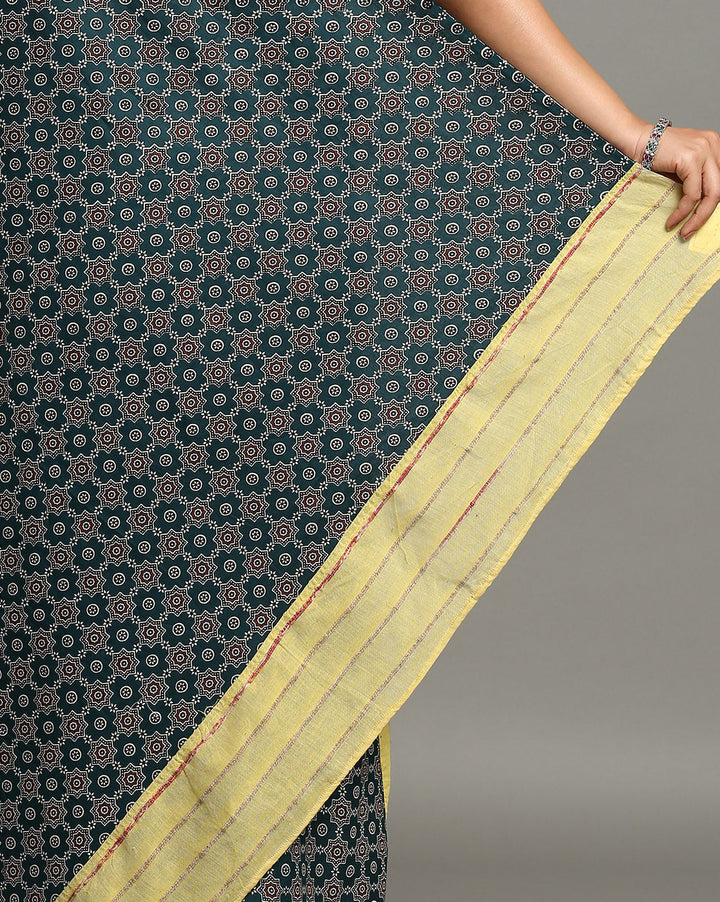 Yellow Green Ajrak Print Khesh Saree with Blouse piece | SHOBITAM