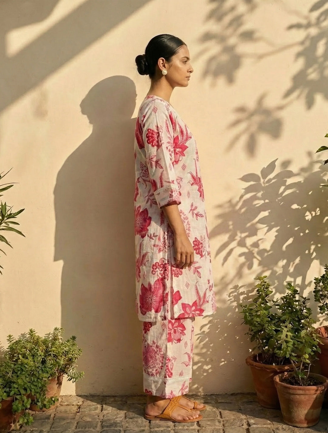 White Pink Floral Print Kurta Pant Set | SHOBITAM