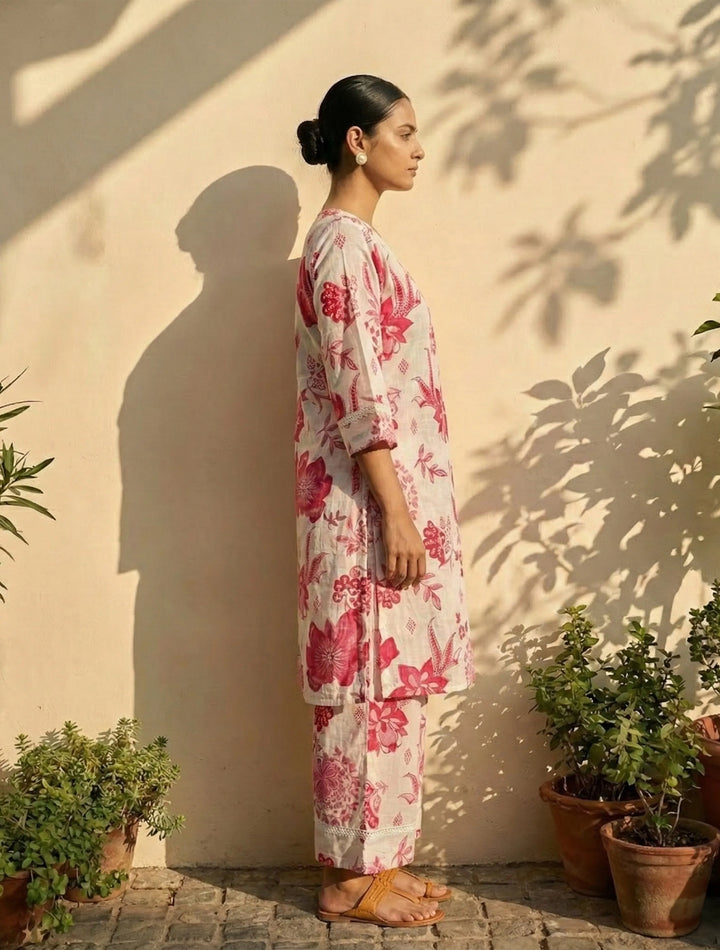 White Pink Floral Print Kurta Pant Set | SHOBITAM