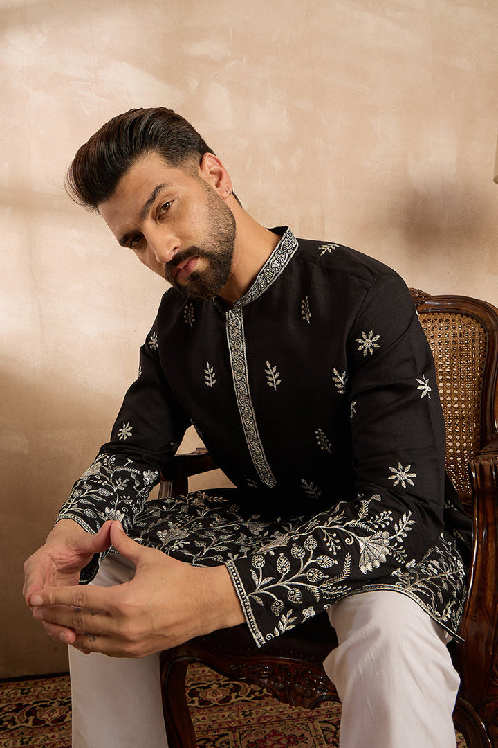 Black Silk Blend Solid Embroidered Straight Kurta | SHOBITAM