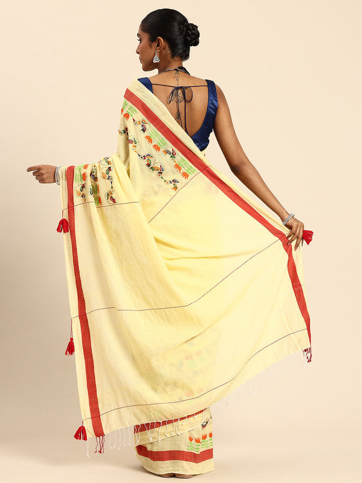 Yellow Red Kantha Stitch Handloom Cotton Saree with Blouse Piece | SHOBITAM