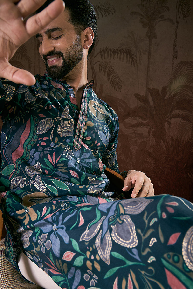 Blue Silk Blend Floral Printed Straight Kurta With Trouser | SHOBITAM